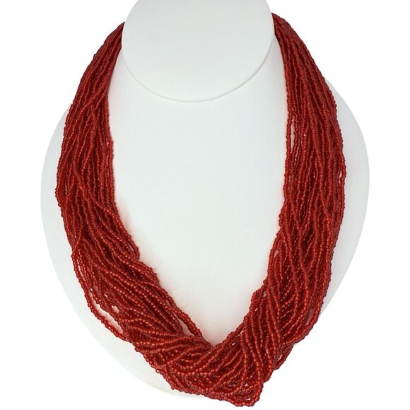 Red Seed Bead Layered Statement Necklace 21", Bold & Heavy Design - Picture 1 of 13